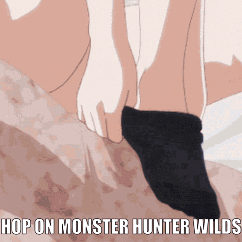 a picture of a person putting on a socks with the caption hop on monster hunter wilds