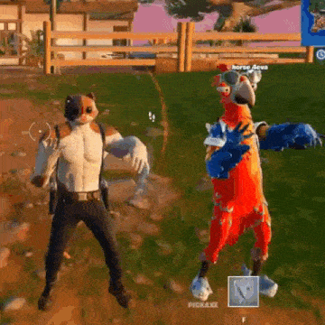 a cat and a parrot are standing next to each other in a field in a video game .