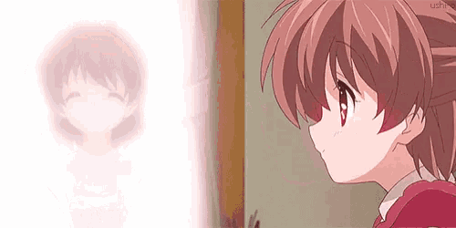 a girl with brown hair is looking at her reflection in a mirror with the word ushi on the bottom