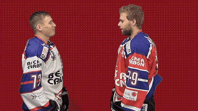 two hockey players are standing next to each other with one wearing number 13