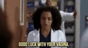 a woman in a lab coat is saying `` good luck with your vagina '' while standing in a room .