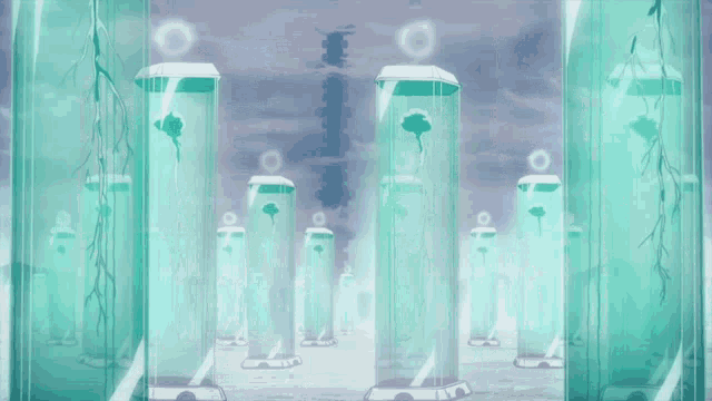 a row of blue cylinders with the letters o and l on them