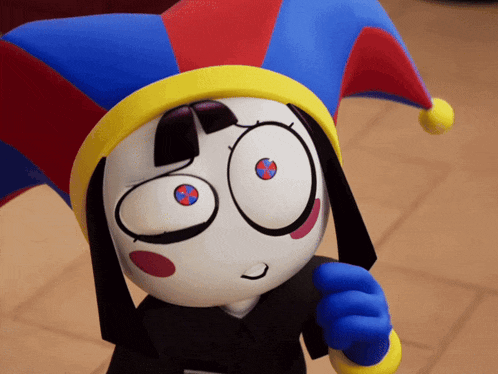 a cartoon character is wearing a jester hat