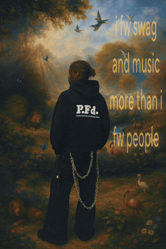a man in a p.f.d. hoodie stands in front of a landscape