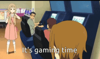 a girl in a pink dress stands in front of an arcade machine with the words it 's gaming time