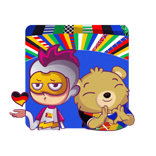a cartoon of a superhero and a teddy bear with flags behind them