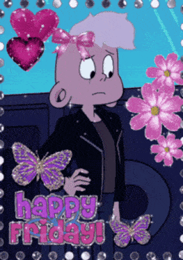 a happy friday greeting card with a cartoon character and purple butterflies