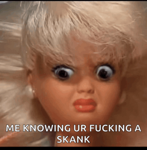 a picture of a doll with a caption that says me knowing ur fucking a skank