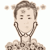 a black and white drawing of a man with flowers around his neck .