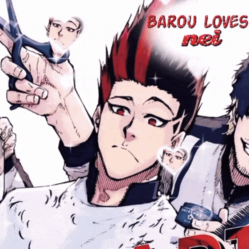 a cartoon of a man with red hair and the words " barou loves rei "