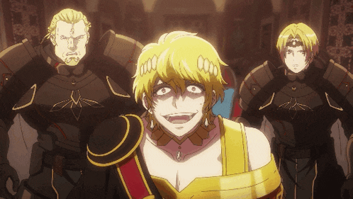 a woman in a gold dress is surrounded by two men