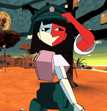 a cartoon character is wearing a green hat