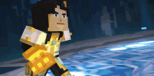a cartoon character is standing in a pool of water with a sword