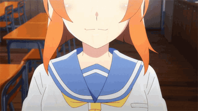 a girl with orange hair is wearing a school uniform