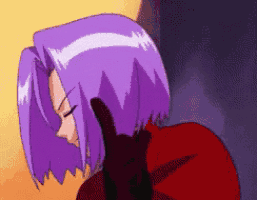 a cartoon character with purple hair and a red jacket holds her hand to her face