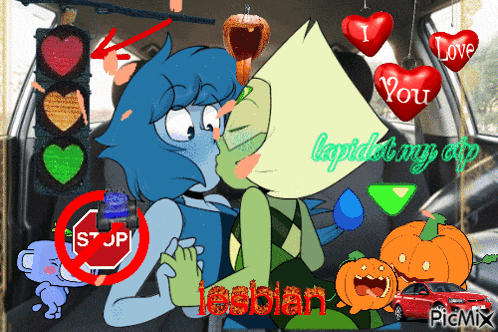 a cartoon of lapis and peridot kissing in a car with a stop sign in the background