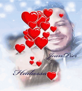 a man and woman are surrounded by red hearts and the name hadassa