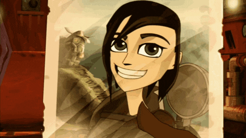 a cartoon drawing of a woman smiling and looking at the camera