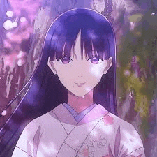 a girl with purple hair and a kimono is standing in front of a cherry blossom tree .