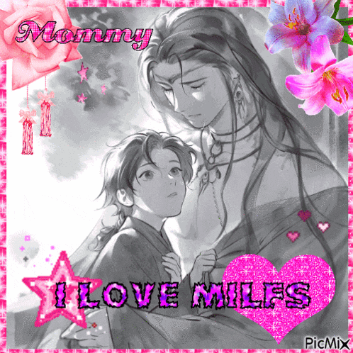 a picture of a woman holding a child with the words i love milfs on it