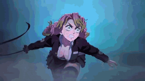 a woman with pink hair is holding a sword in her hand and flying through the air .