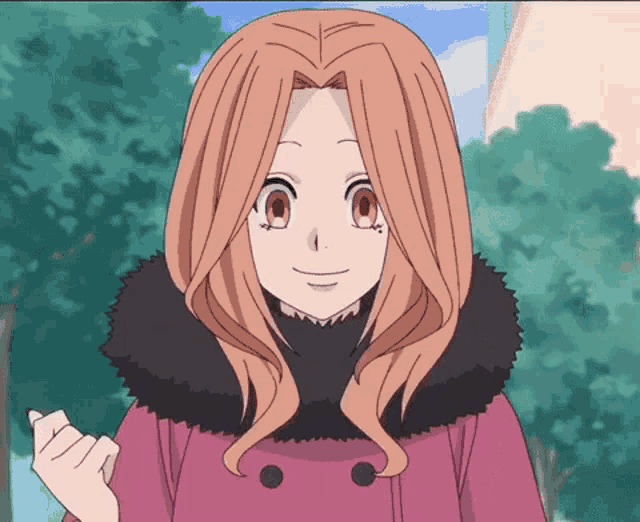 a girl in a pink coat with a black fur collar