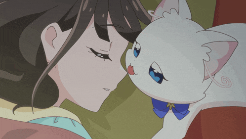 a cartoon of a woman and a white cat