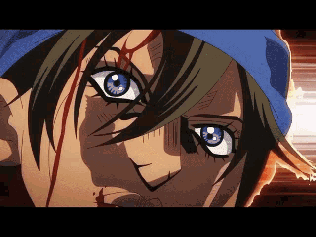 a close up of a person with blue eyes