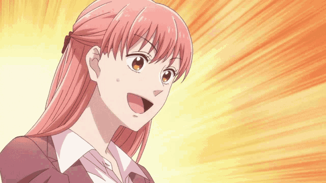 a pink haired anime character with a surprised expression on her face