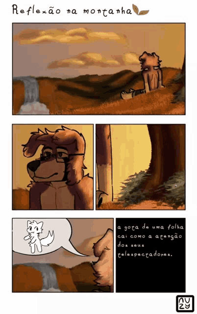 a cartoon of a dog talking to another dog with the words reflexao na montanha written on the bottom