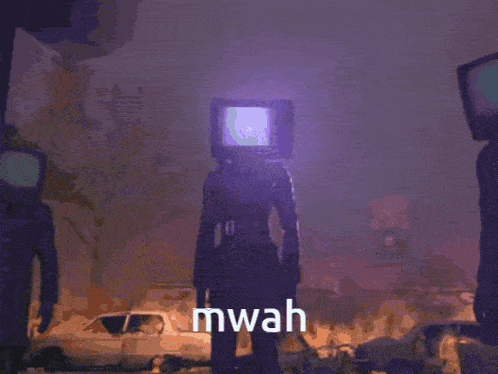a person with a tv on their head has the word mwah on their back