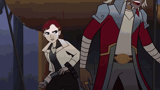 a cartoon of a woman kneeling next to a man in a red coat