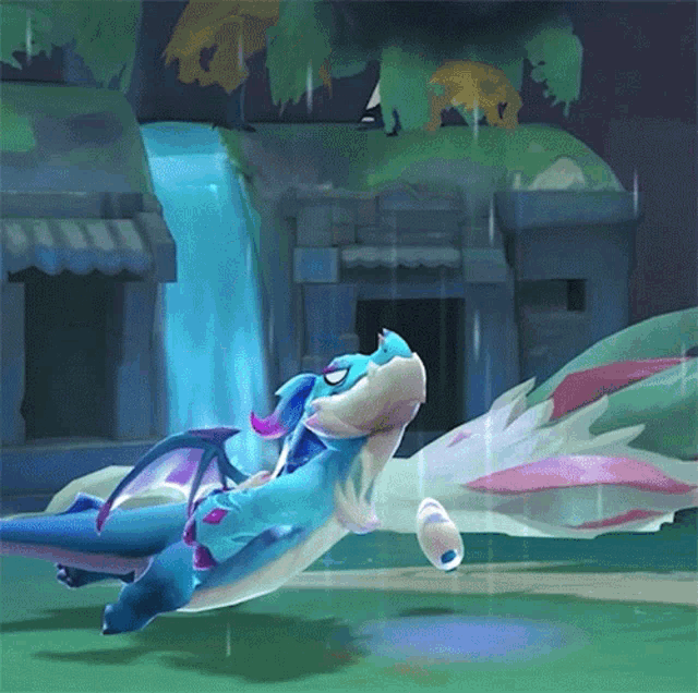 a cartoon drawing of a blue and pink dragon with wings