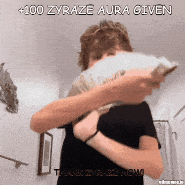 a man is holding a bunch of money in his hands with the words thank zyraze now below him