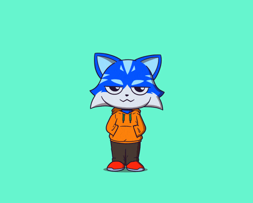 a cartoon of a blue and white cat making a heart shape with his hands