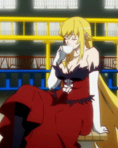 a woman in a red dress is sitting on a bench drinking a cup of coffee
