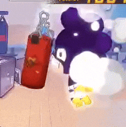 a cartoon character is standing next to a red punching bag with the number 9 on it