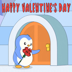 a happy valentine 's day card with a penguin holding red roses