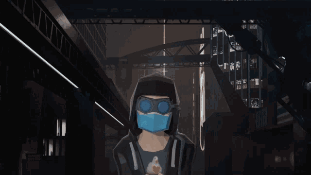 a person wearing a mask is standing under a sign that says you 're