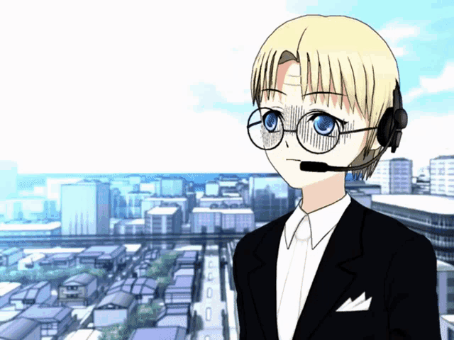a man wearing glasses and a headset stands in front of a city skyline