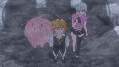 a group of anime characters are standing next to each other including a pig
