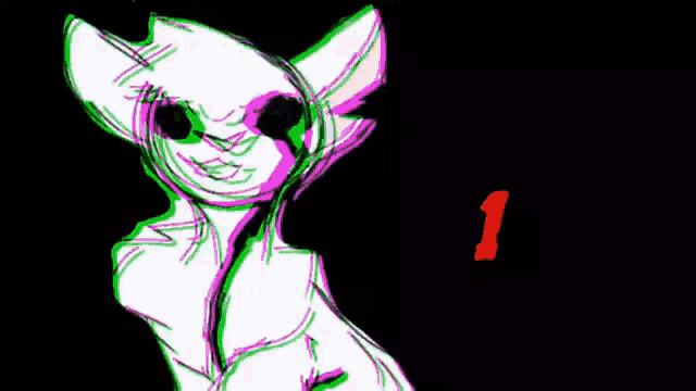 a drawing of a white cat with black eyes and a red number 1 .