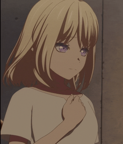 a girl with blonde hair and purple eyes is smiling with her hand on her chest