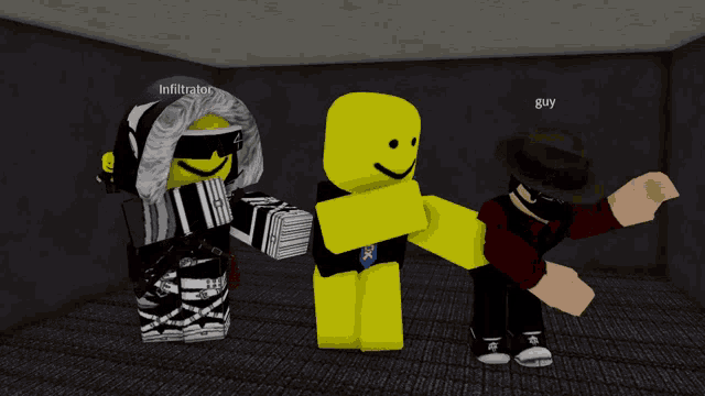 a group of roblox characters are standing next to each other and one of them has a r on it
