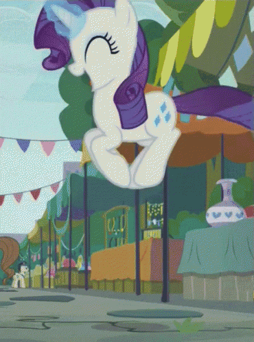 a cartoon pony with a purple mane is jumping in the air in front of a market