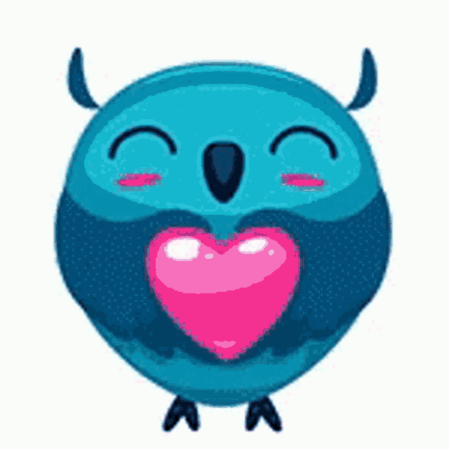 a cartoon owl is holding a pink heart in its beak .