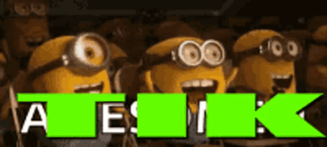 a group of minions are standing next to each other with a green text that says " ae ! "