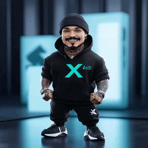 a man wearing a black hoodie with a green x on the front