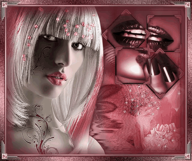 a woman with white hair and red lips is framed in a pink frame