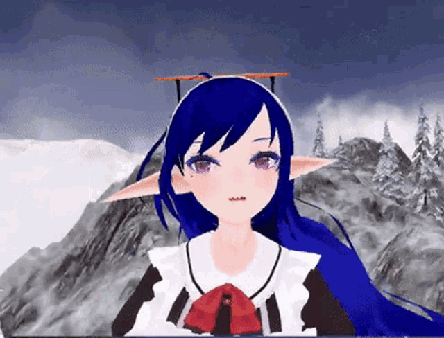 a cartoon girl with blue hair and purple eyes is standing in front of a snowy mountain